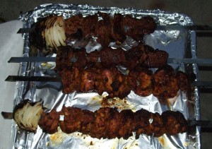 Finished chicken skewers, two chicken and two beef