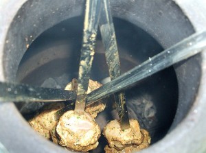 View into cooker loaded with tandoori skewers View into cooker loaded with tandoori skewers
