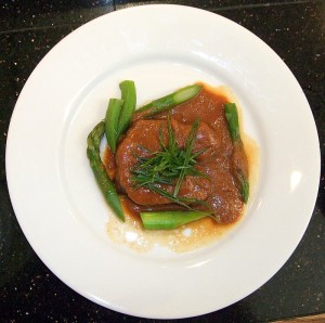 beef-tongue Beef Tongue with Miso Flavor, Asparagus and Okra Garnish