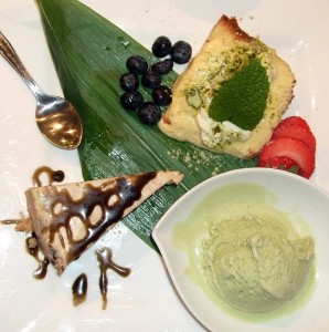 dessert White Sesame Cheesecake, Pound Cake with Mascarpone cream, Green Tea Ice Cream